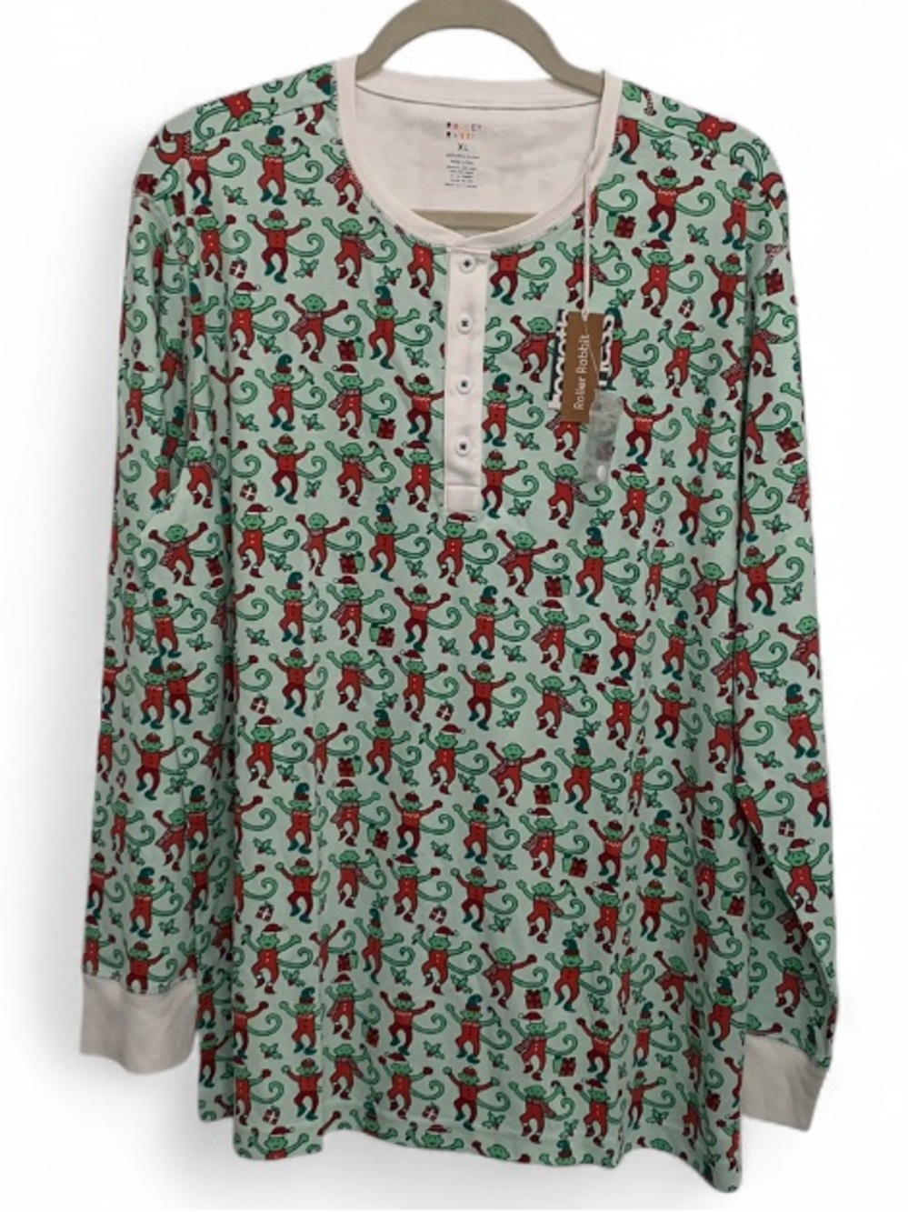 Roller Rabbit Mint Green & Red Button Neck Long Sleeve Sleep Top